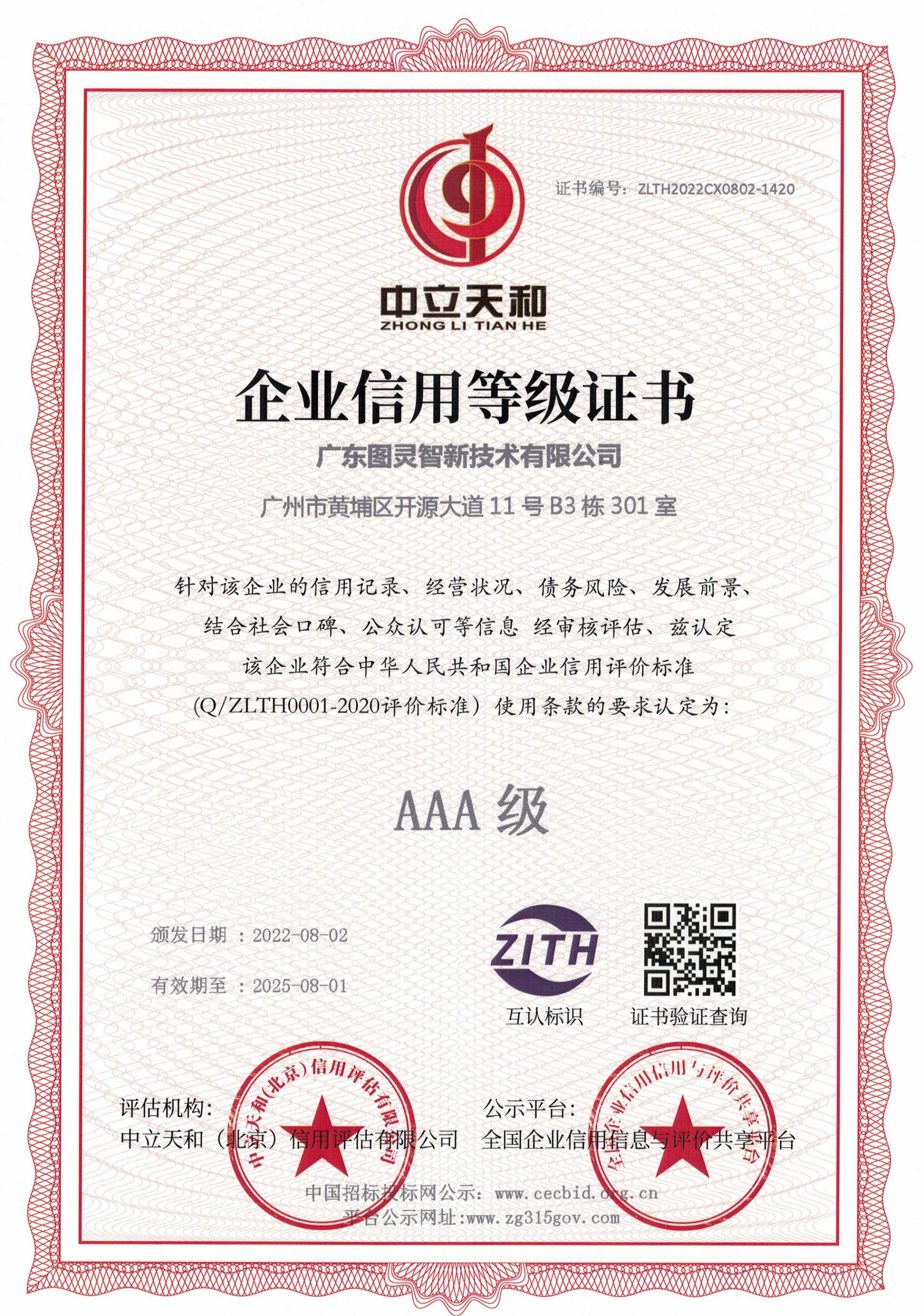 图灵智新企业信用等级证书